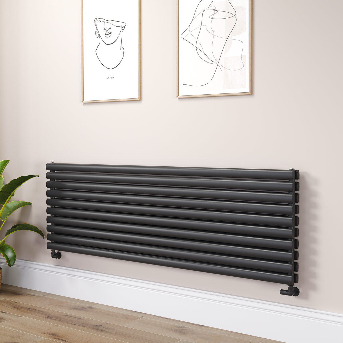 Sorrento Linea Black Oval Designer Radiator 590x1800mm Double Panel 6338 BTU - Horizontal Bars
