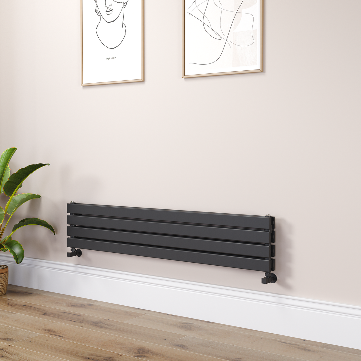 Riace Linea Black Flat Designer Radiator 280x1400mm Double Panel 2235 BTU - Horizontal Bars