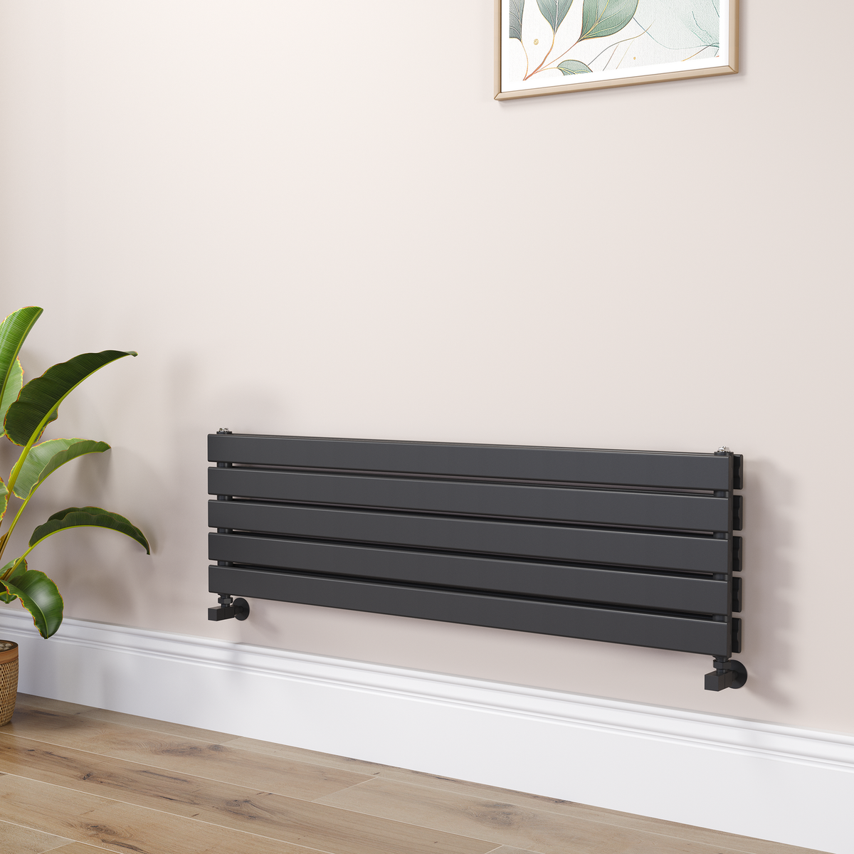 Riace Linea Black Flat Designer Radiator 350x1200mm Double Panel 2437 BTU - Horizontal Bars