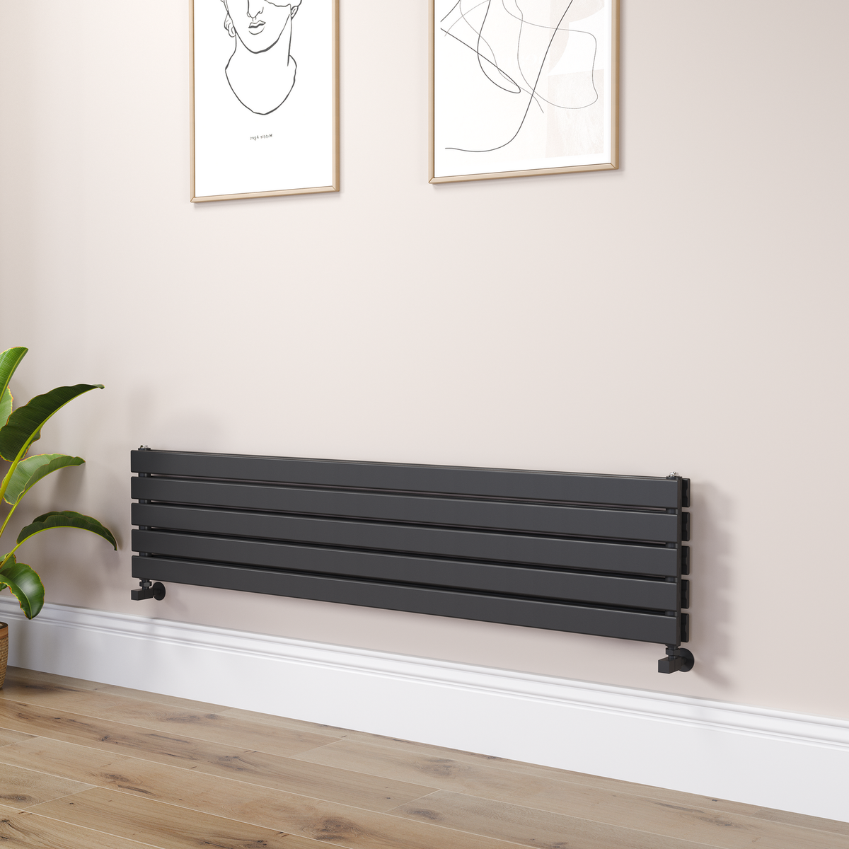 Riace Linea Black Flat Designer Radiator 350x1600mm Double Panel 3140 BTU - Horizontal Bars