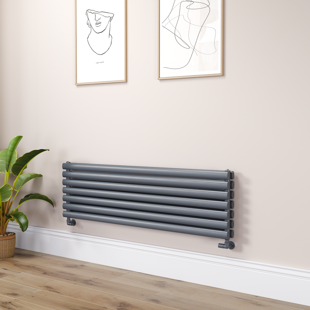 Sorrento Linea Anthracite Oval Designer Radiator 413x1400mm Double Panel 3509 BTU - Horizontal Bars
