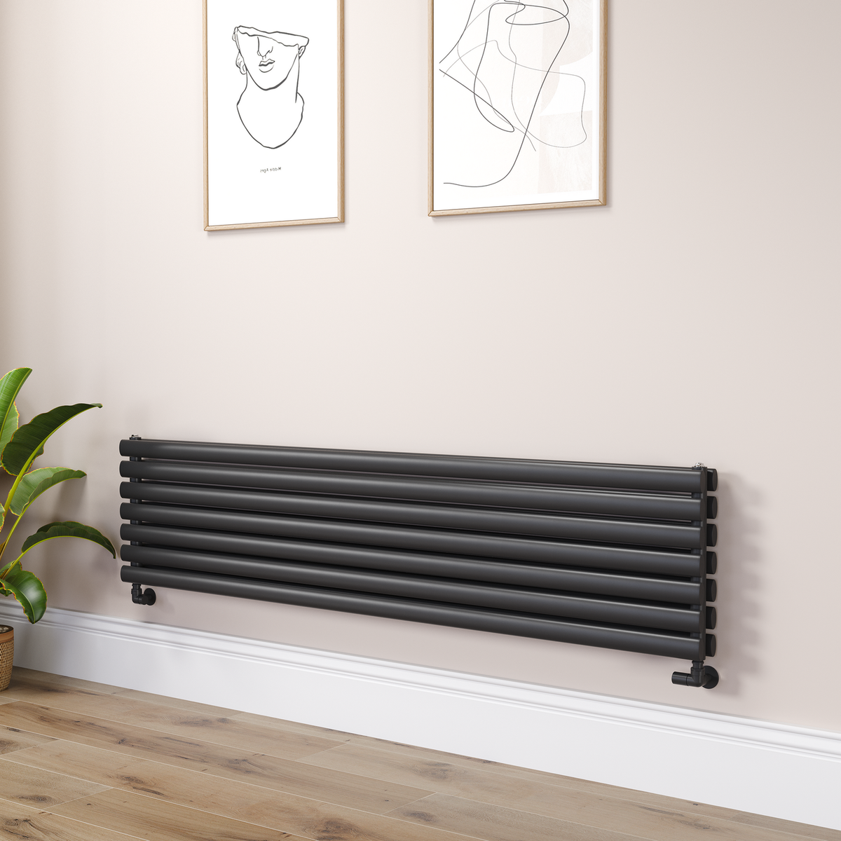 Sorrento Linea Black Oval Designer Radiator 413x1800mm Double Panel 4437 BTU - Horizontal Bars