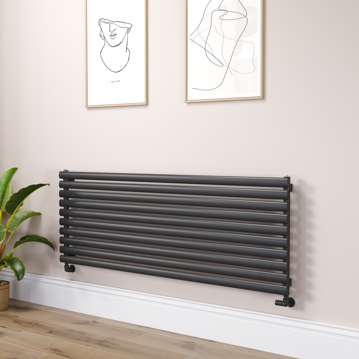 Sorrento Linea Black Oval Designer Radiator 590x1600mm Single Panel 3782 BTU - Horizontal Bars