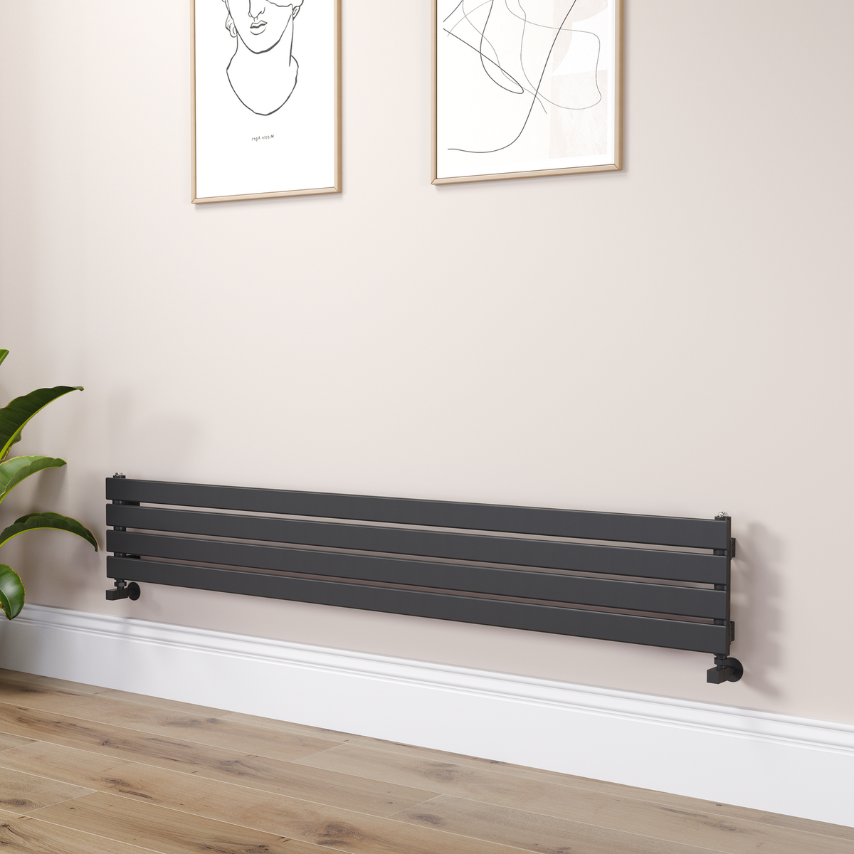 Riace Linea Black Flat Designer Radiator 280x1800mm Single Panel 1898 BTU - Horizontal Bars
