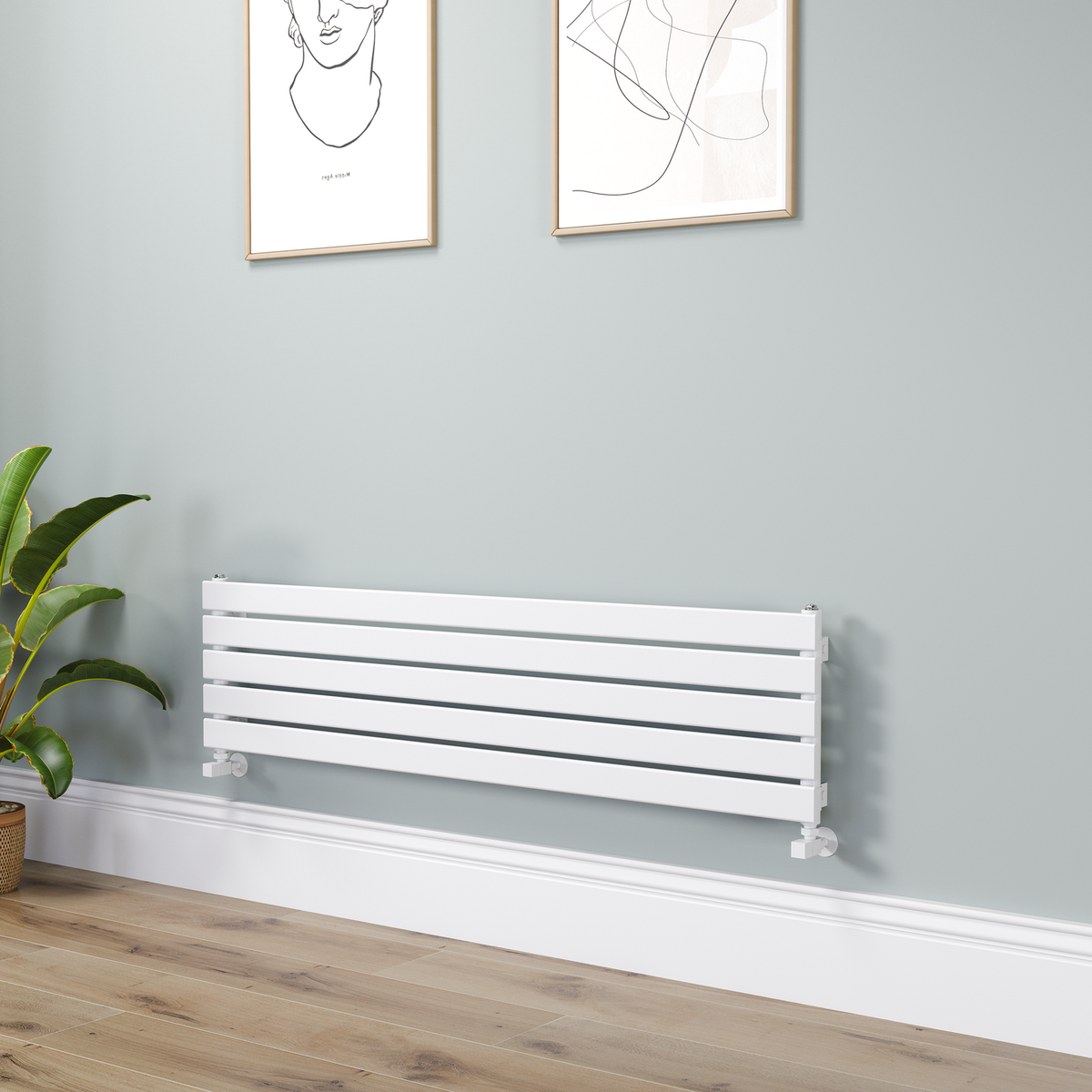 Riace Linea White Flat Designer Radiator 350x1400mm Single Panel 1850 BTU - Horizontal Bars