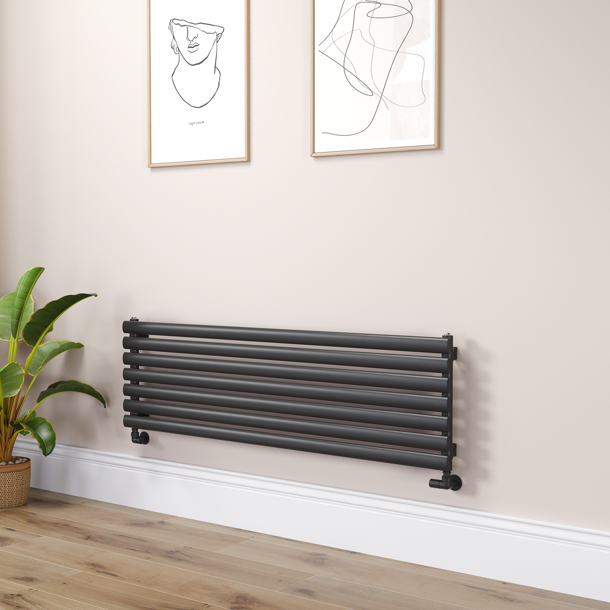 Sorrento Linea Black Oval Designer Radiator 413x1400mm Single Panel 2321 BTU - Horizontal Bars