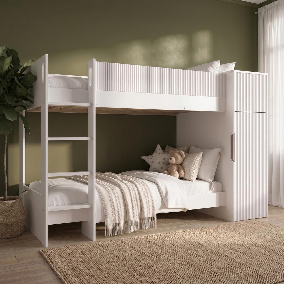 White Ribbed Bunk Bed with Storage and Wardrobe - Riya