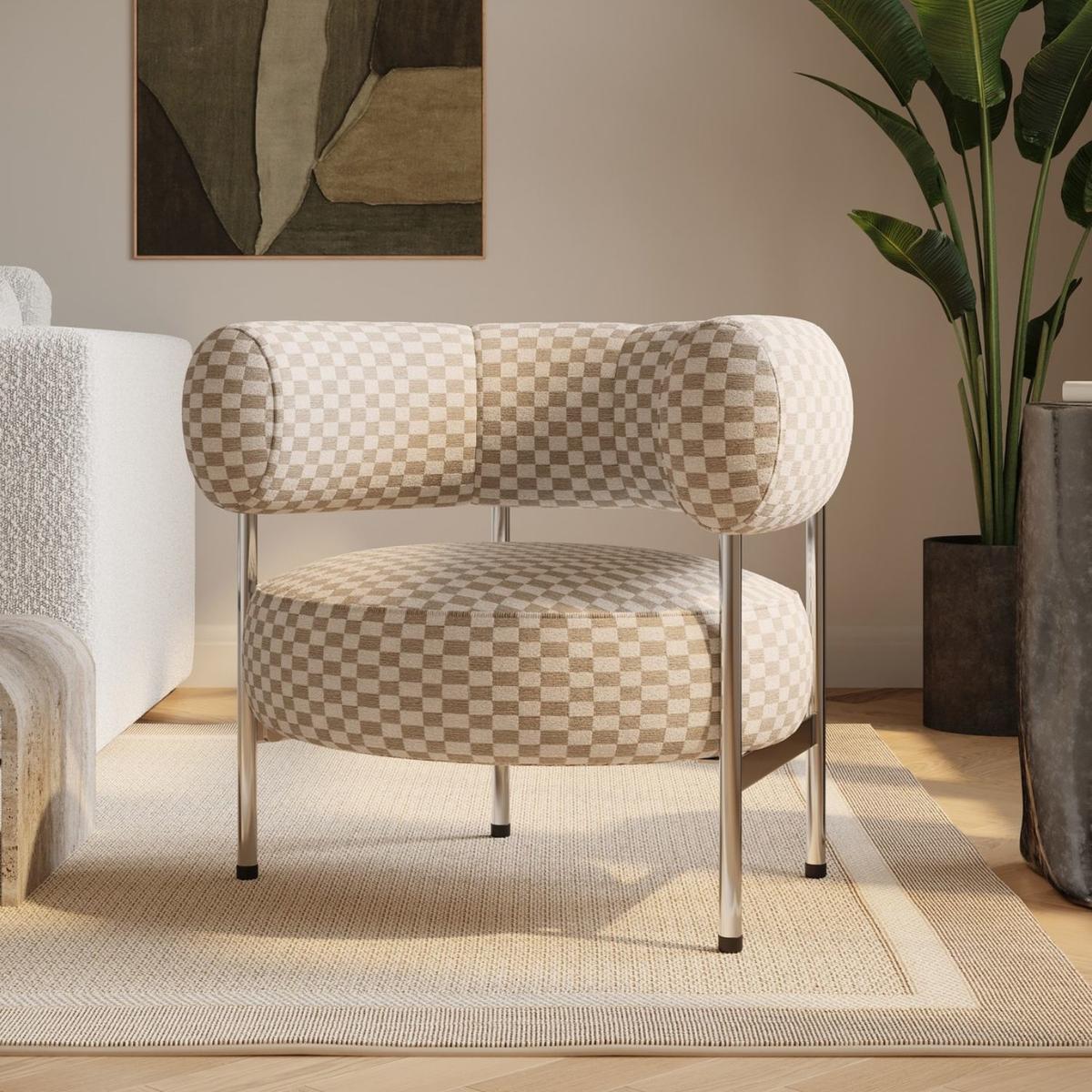 Beige Checkerboard Curved Armchair - Romy