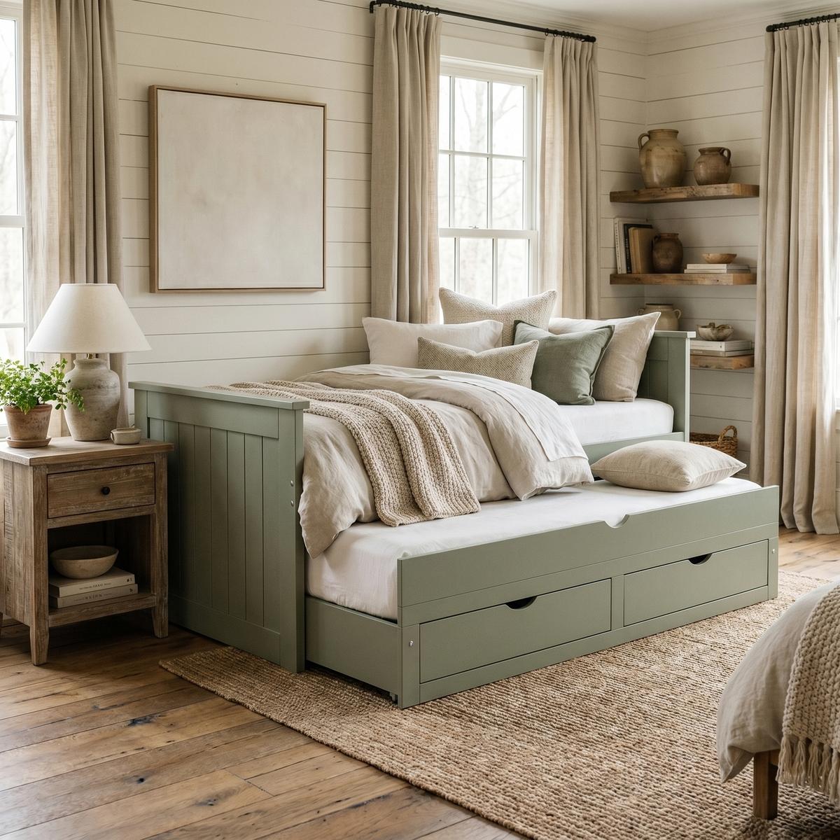 Single Green Wooden Guest Bed with Storage and Trundle - Sander