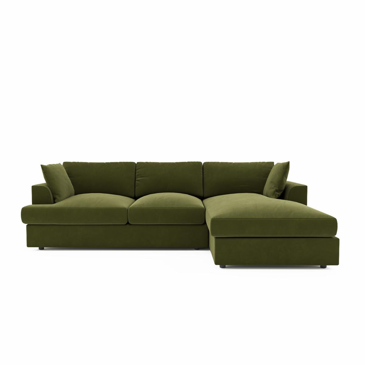 Large Olive Green Velvet Right Hand 4 Seater Chaise Corner Sofa - August