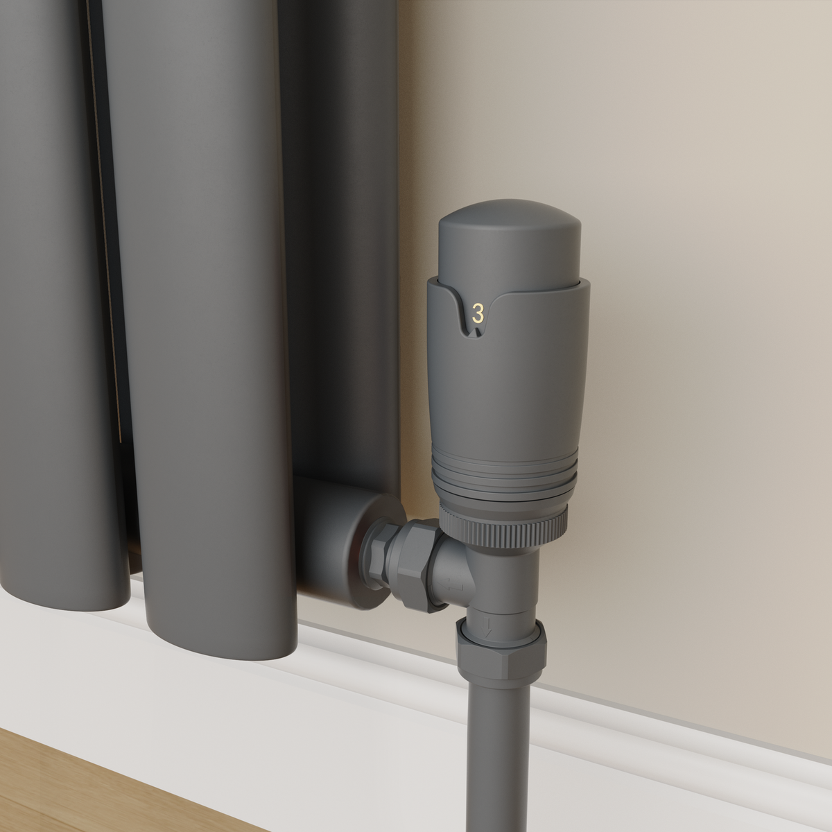 Refurbished Elego Anthracite Gray Modern TRV Angled Thermostatic Radiator Valves With Lockshield