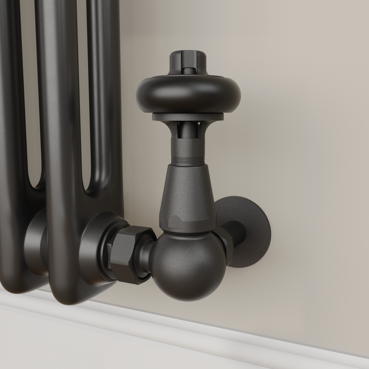 Refurbished - Maesta Matte Black Traditional TRV Corner Thermostatic Radiator Valves With Lockshield
