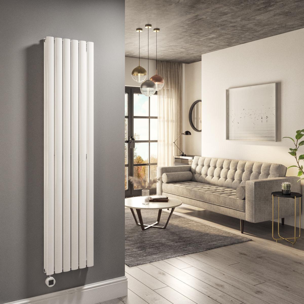 White Electric Vertical Designer Radiator 1200W with Wi-Fi Thermostat - Double Panel H1600xW354mm - IPX4 Bathroom Safe