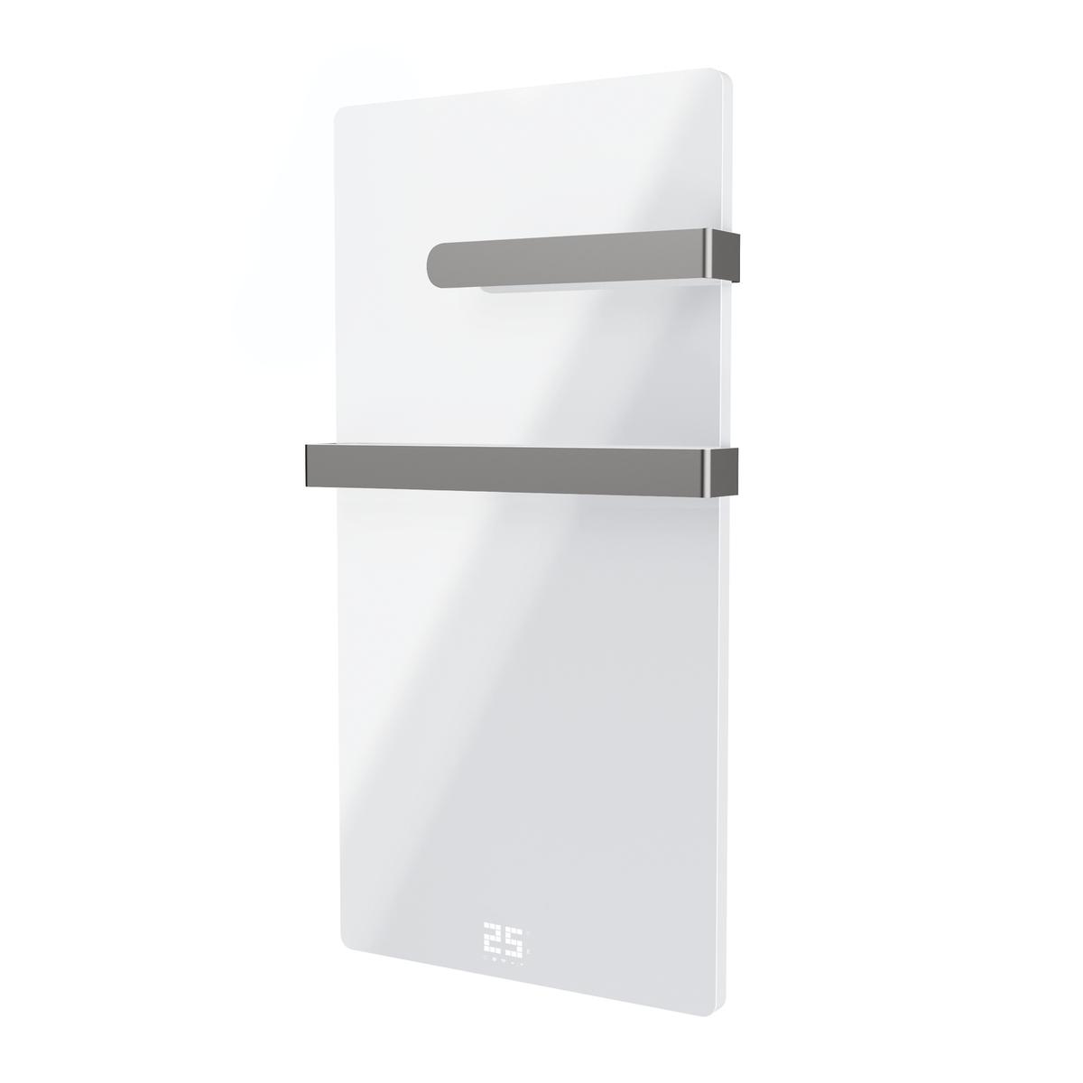 Refurbished - 600W Smart Infrared Vertical White Glass Designer Wall Heater 550x1100mm with Optional Towel Rail - IP24 Bathroom Safe
