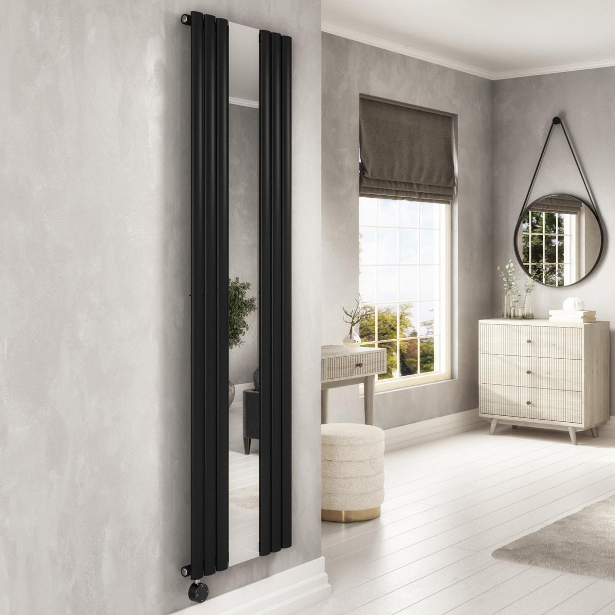 Midnight Black Vertical Smart Smart Electric Radiator with Mirror - 1200W - H1800xW500mm - Bathroom Safe