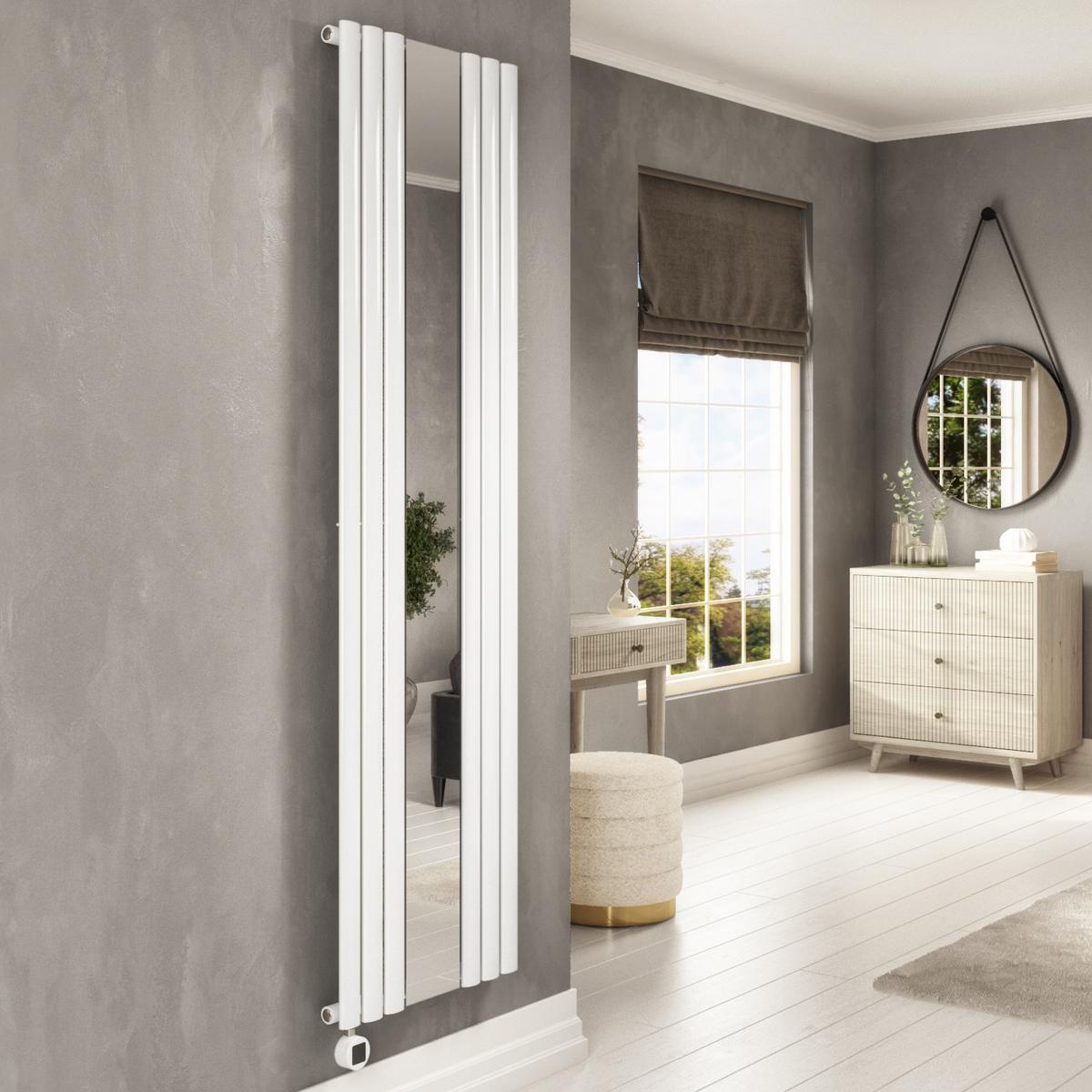 White Vertical Smart Smart Electric Radiator with Mirror - 1200W - H1800xW500mm - Bathroom Safe