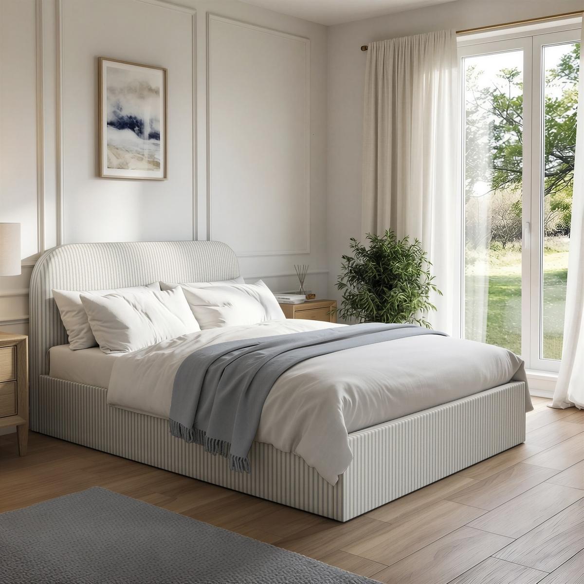 Cream and Grey Striped Double Ottoman Bed With Curved Headboard - Zara