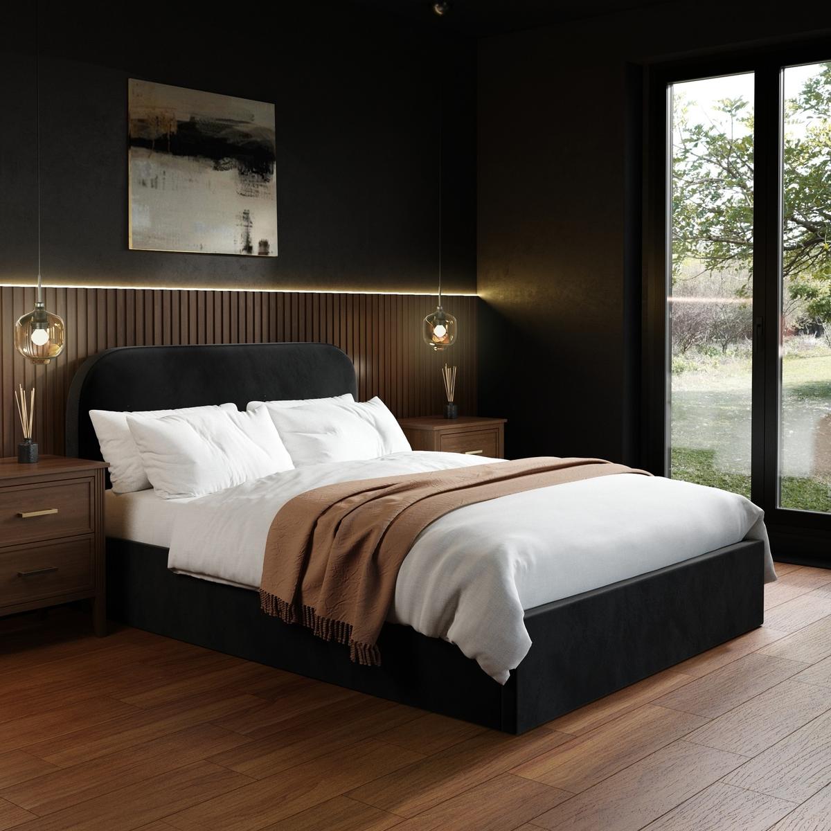 Black Velvet Upholstered Double Ottoman Bed with Curved Headboard - Zara