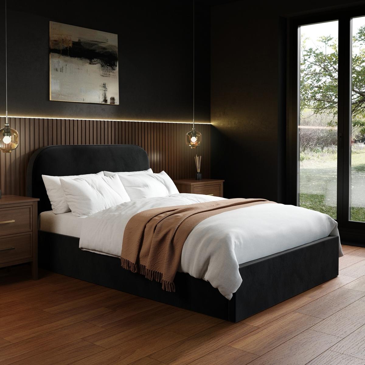 Black Velvet Upholstered Small Double Ottoman Bed with Curved Headboard - Zara