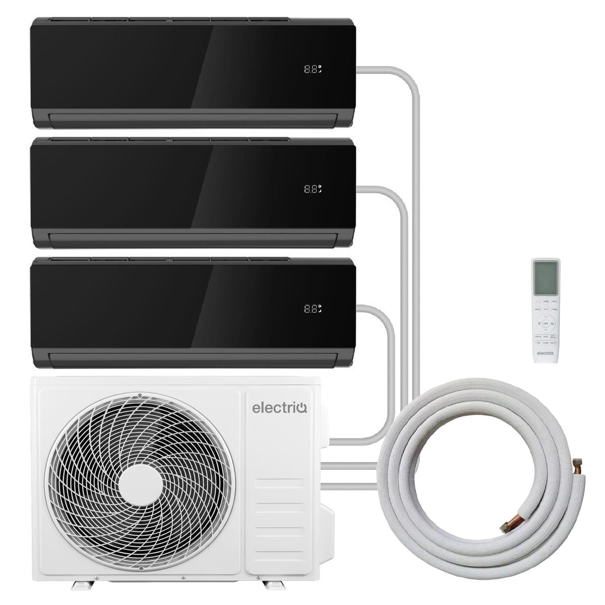 electriQ iQool Multi-Split 3 x 9000 BTU Smart Wall Mounted Split Air Conditioner with Heat Pump - Pipe Kits Included - Black