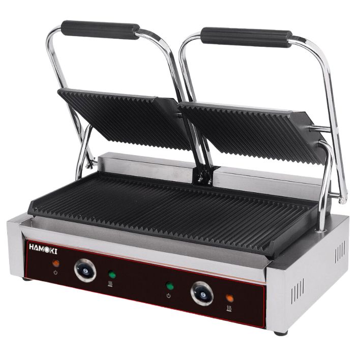 Refurbished Hamoki PG-25A Twin Contact Grill Ribbed Top and Bottom Plates. 2 x 13 amp Plug In Panini Grill