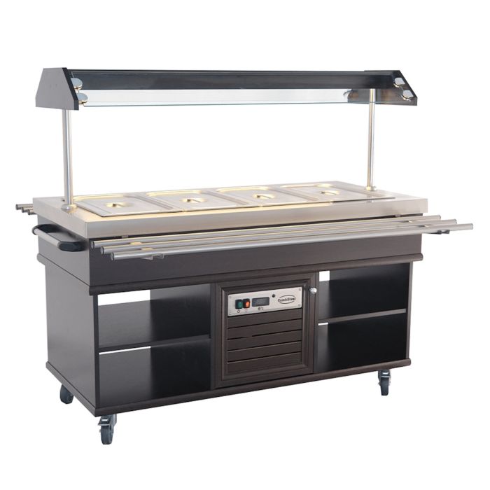Combisteel Mobile Heated Buffet Bar with Tray Rails & Gantry - 4 x 1/1 GN, Mahogany