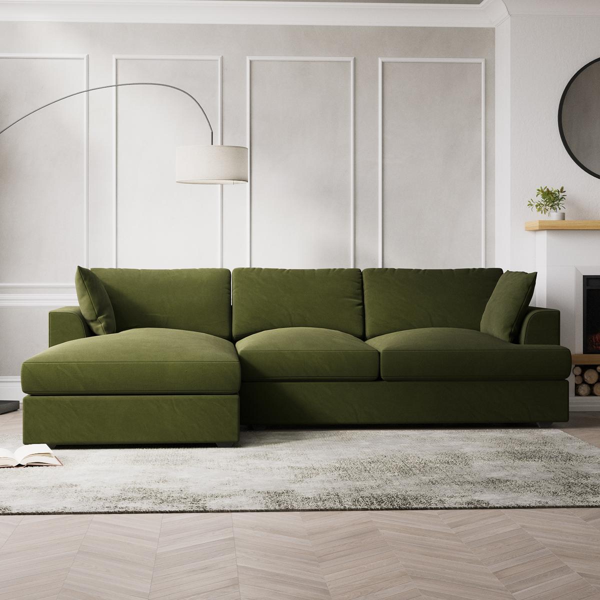 ALMOST PERFECT - Olive Green Velvet Left Hand L Shaped Sofa - Seats 4 - August