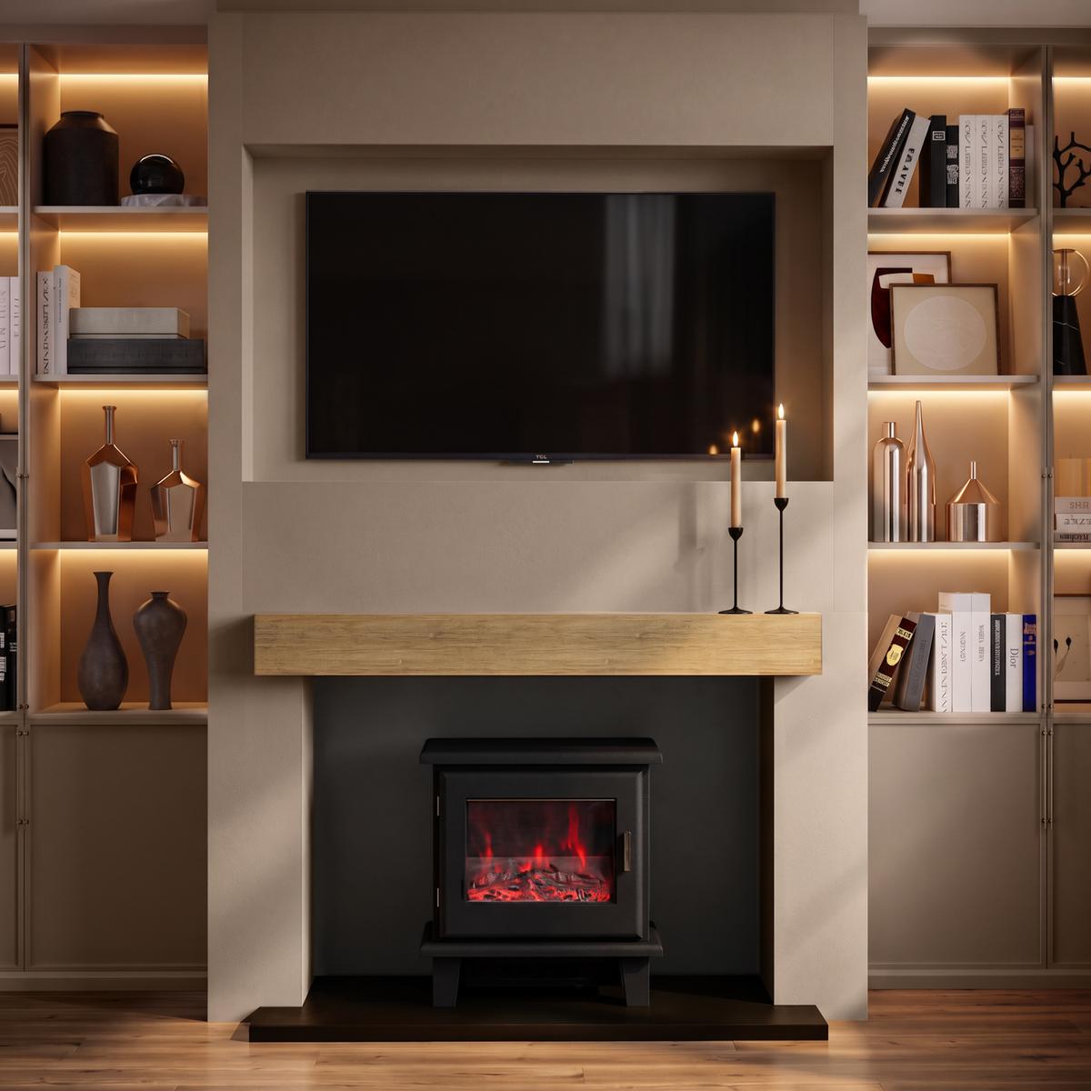 Self Build Media Wall with Oak Beam and Electric Log Burner-Style Smart Stove - AmberGlo