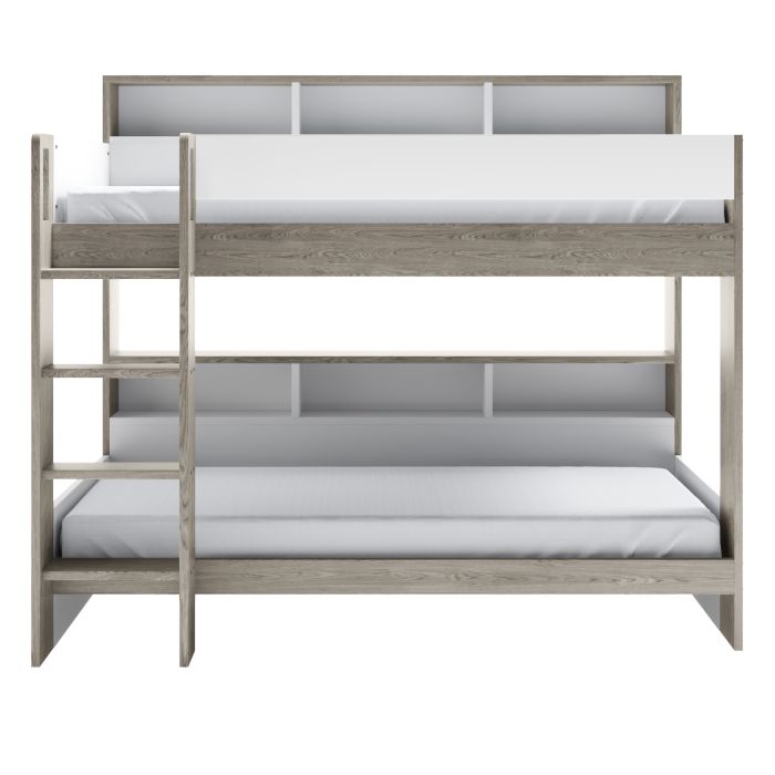 White & Oak Bunk Bed with Storage Shelves and Drawer - Aire