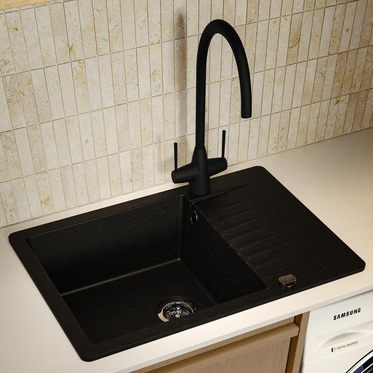 Single Bowl Black Inset Composite Kitchen or Utility Sink and Reversible Drainer with Black Dual Lever Kitchen Tap- Enza