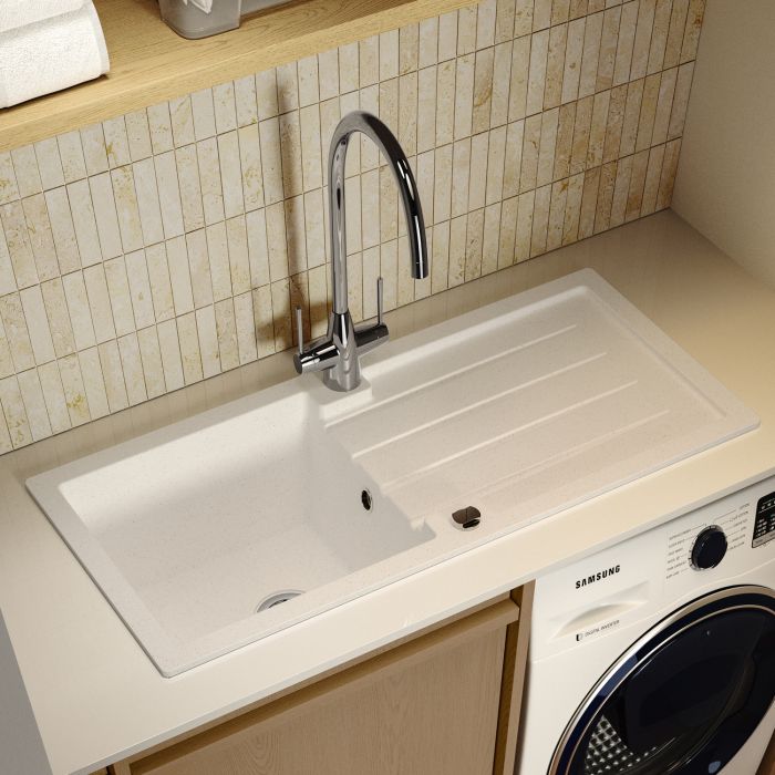 Large Single Bowl White Inset Granite Composite Kitchen Sink with Reversible Drainer - Enza Alice