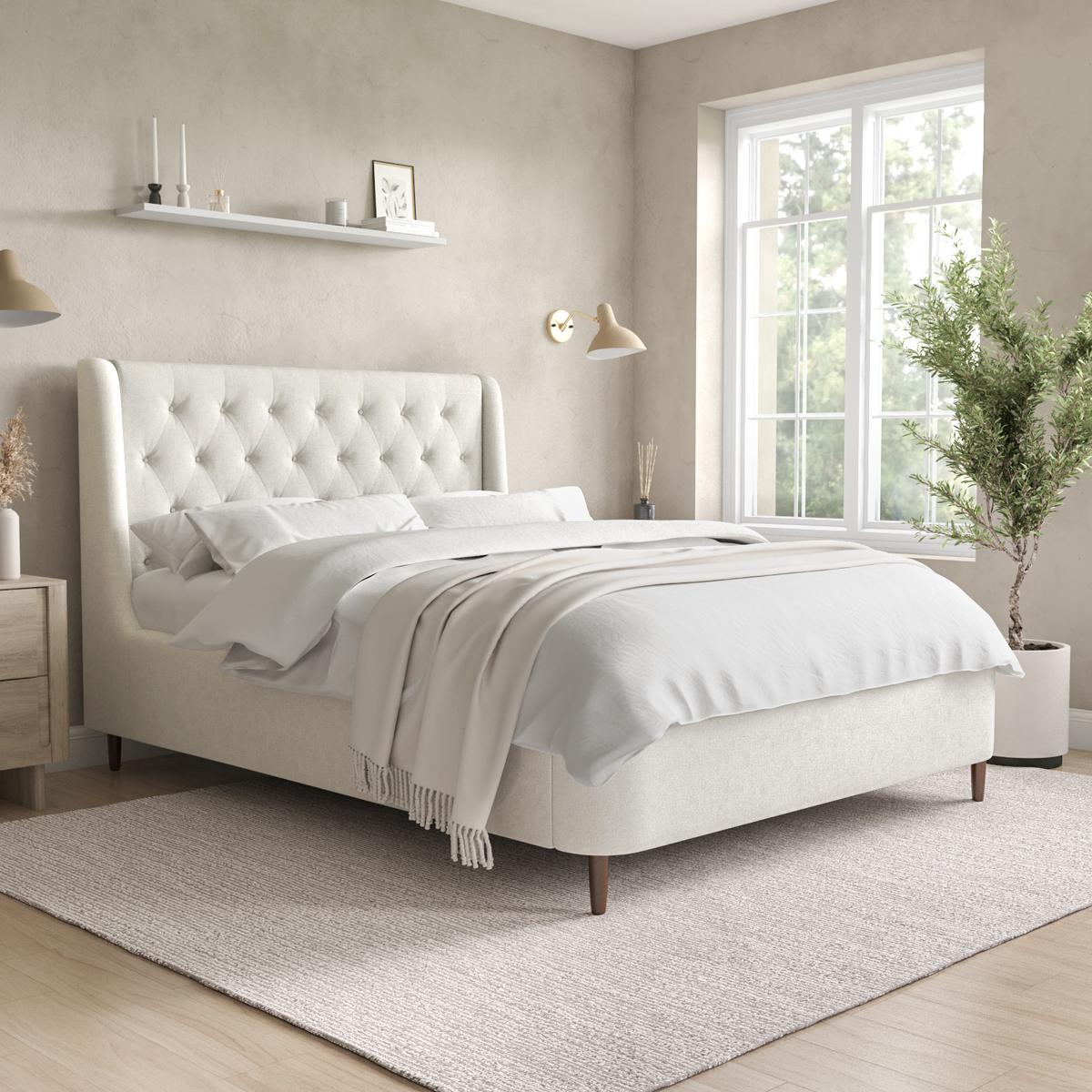 ONLY OPENED - Cream Fabric Double Ottoman Bed with Legs - Amara