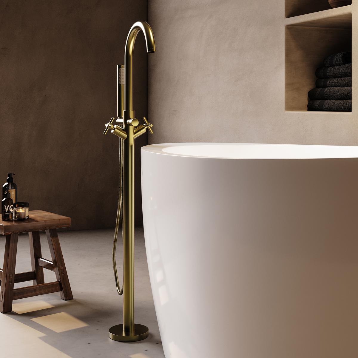 Brushed Brass Freestanding Bath Shower Mixer Tap With Cross Head Handles - Arissa