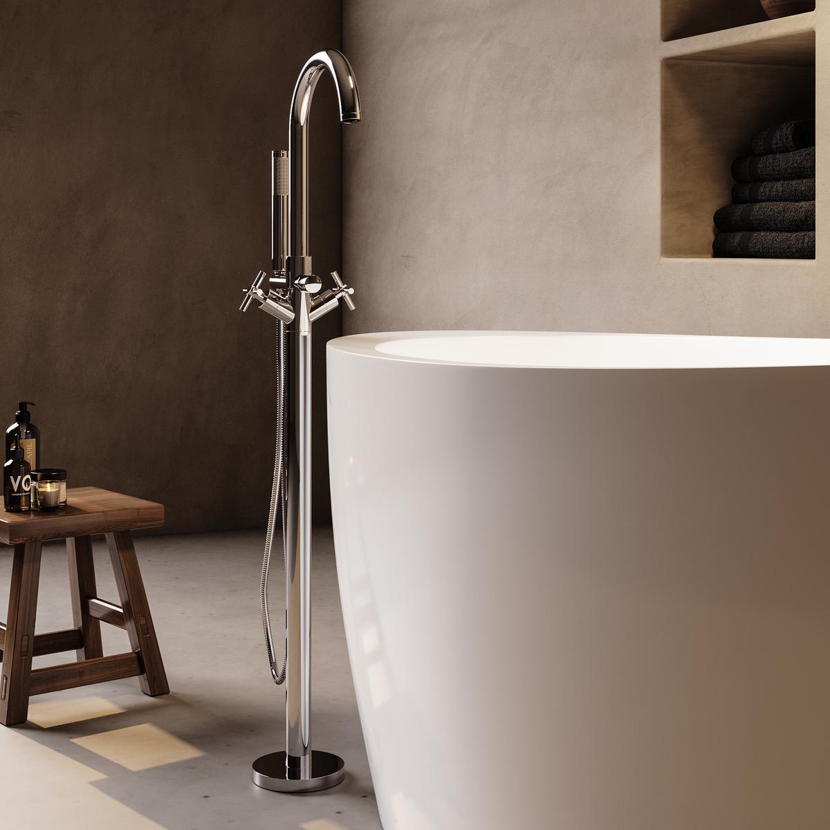 Chrome Freestanding Bath Shower Mixer Tap With Cross Head Handles - Arissa