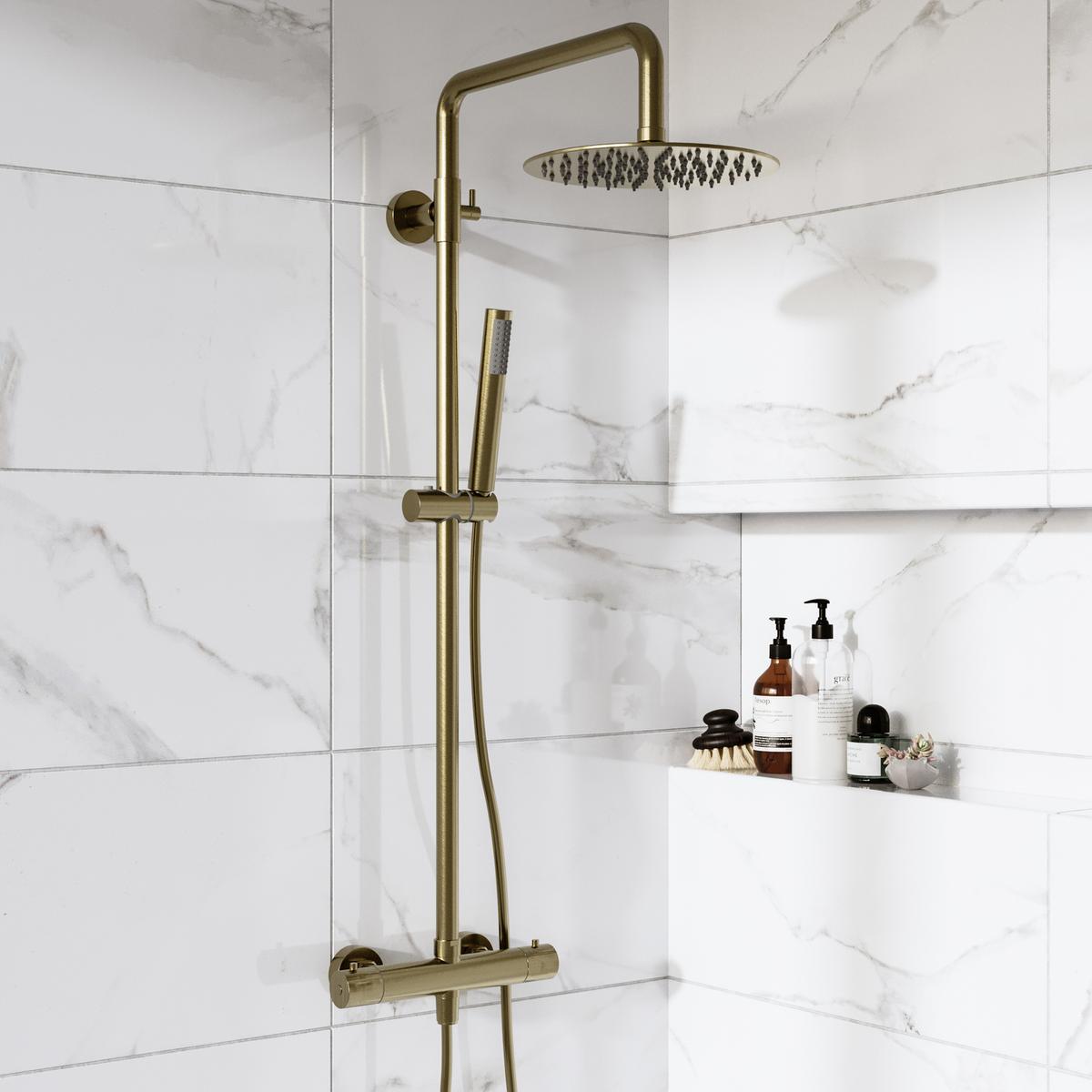 Brushed Brass Thermostatic Bar Mixer Shower Set with Slide Rail Kit & Pencil Hand Shower - Arissa