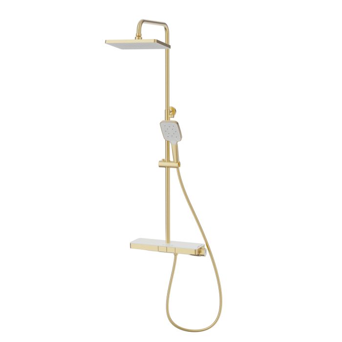 ONLY OPENED - Brushed Brass Thermostatic Mixer Shower Set with Push Button & Shelf - Mika