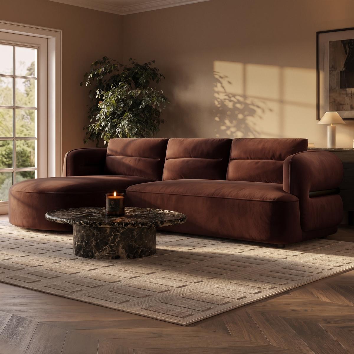 Dark Rust Velvet 4 Seater Left Hand L-Shape Chaise Corner Sofa - Bodhi