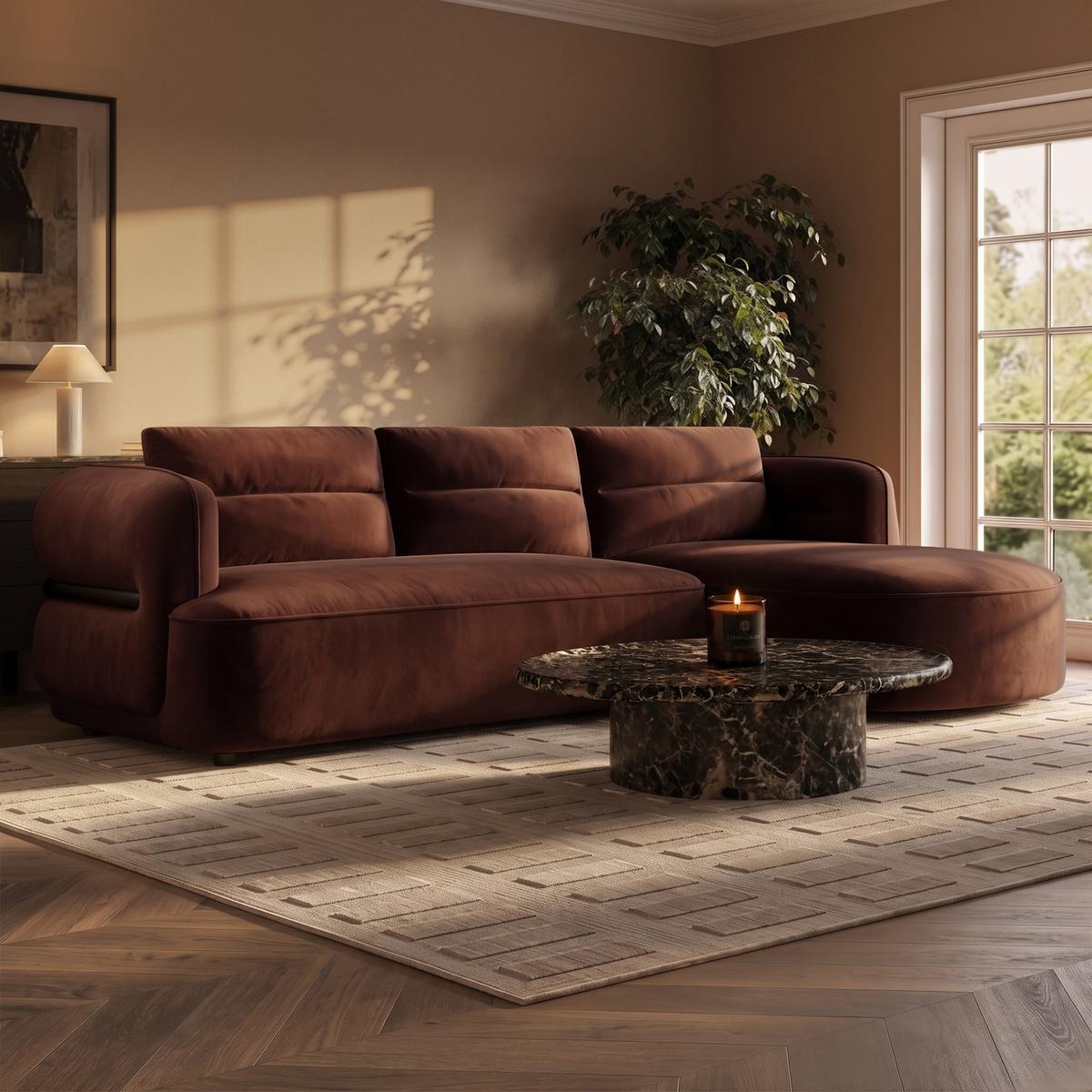Dark Rust Velvet 4 Seater Right Hand L-Shape Chaise Corner Sofa - Bodhi