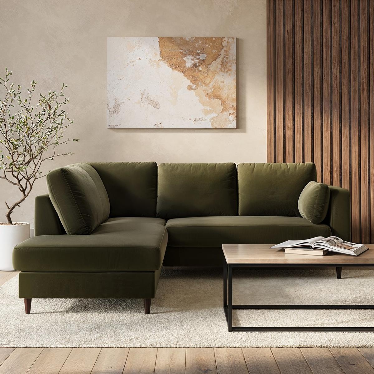 ALMOST PERFECT - Khaki Green Velvet Left Hand Corner Sofa Bed with Storage - Seats 4 - Boe