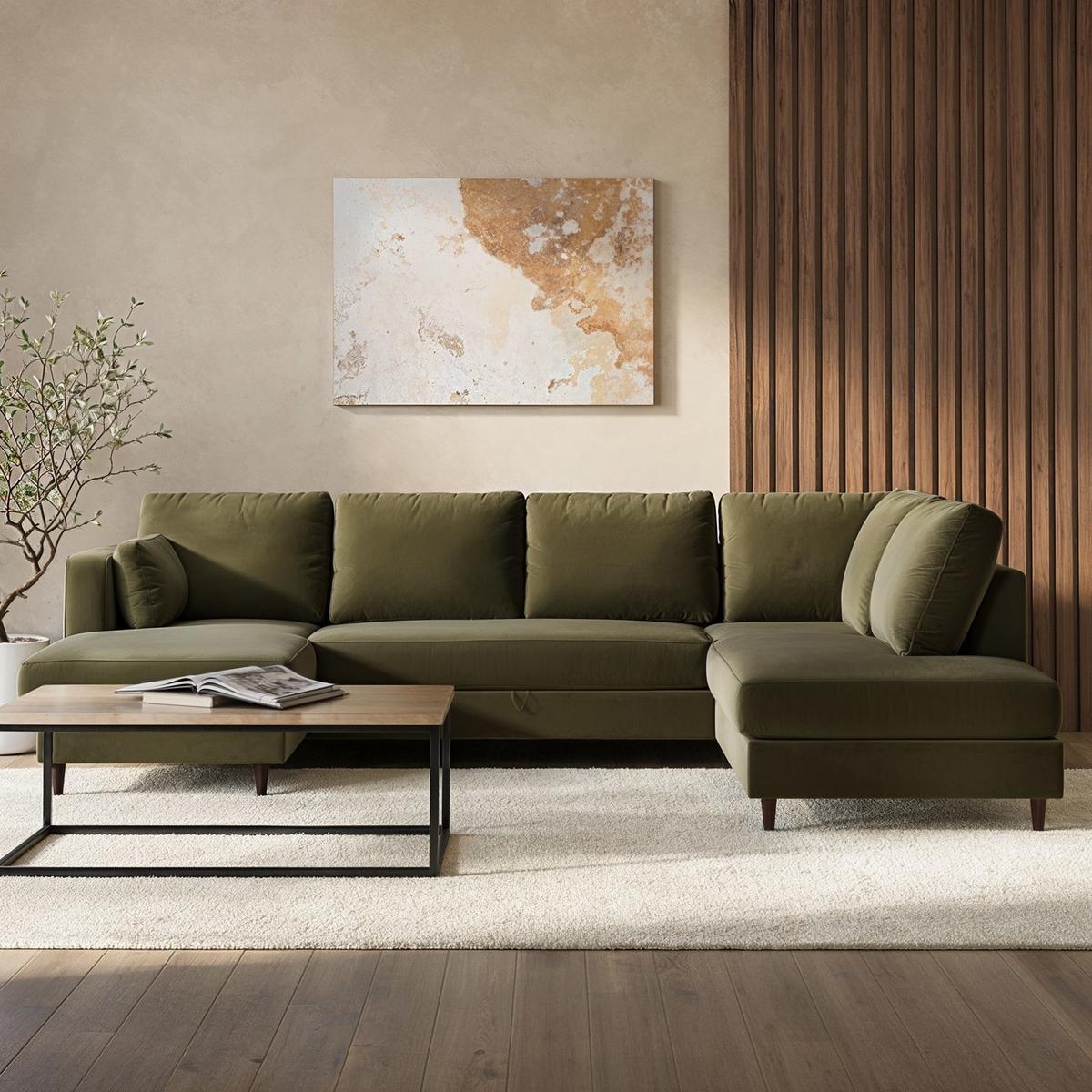 ALMOST PERFECT - 6 Seater Pull-Out U-Shape Sofa Bed with Storage in Olive Green Velvet - Boe