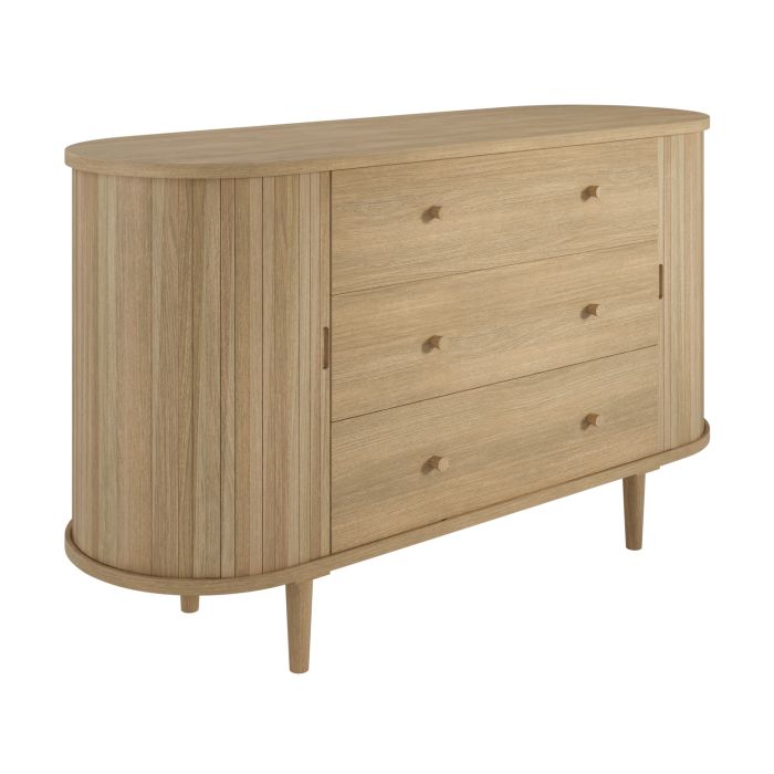 Wide Oak 3 Drawer Chest of Drawers with Cupboards - Breuer