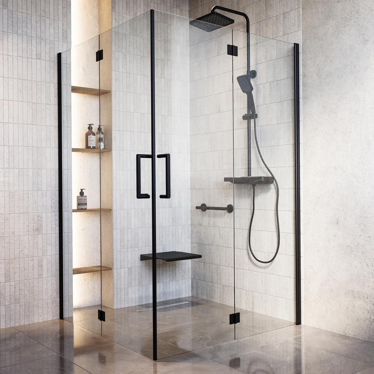 1200 x 1200mm Black Foldable Accessible Shower Enclosure with Black Grab Rails –  Mobility-Friendly Design