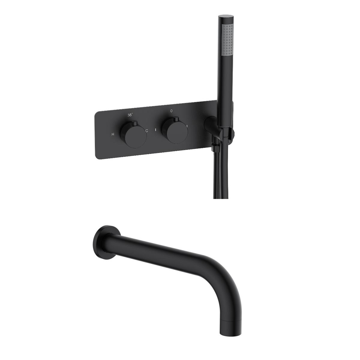 ONLY OPENED - Black 2 Outlet Thermostatic Bath Mixer Shower Set With Hand Shower and Bath Filler Spout - Arissa