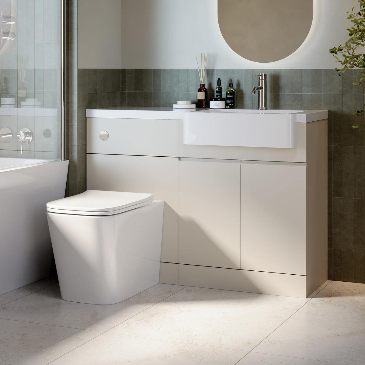 ONLY OPENED - 1100mm Beige Right Hand Toilet and Sink Unit with Square Toilet and Chrome Fittings - Bali