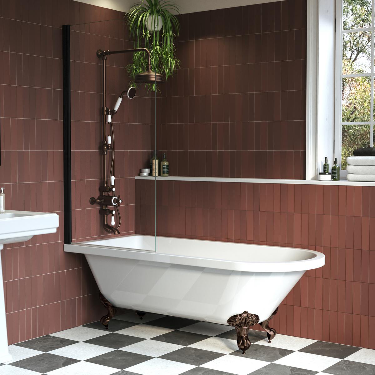 Freestanding Single Ended Shower Bath with Black Screen & Bronze Feet 1670 x 740mm - Park Royal