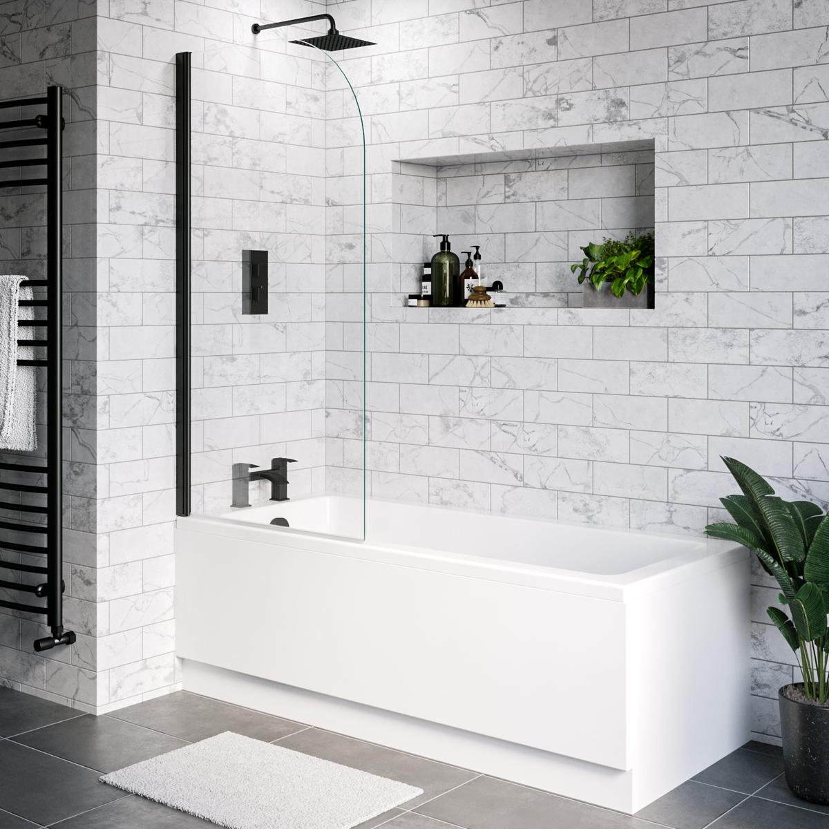 Single Ended Shower Bath with Front Panel and Hinged Black Bath Screen 1600 x 700mm - Alton