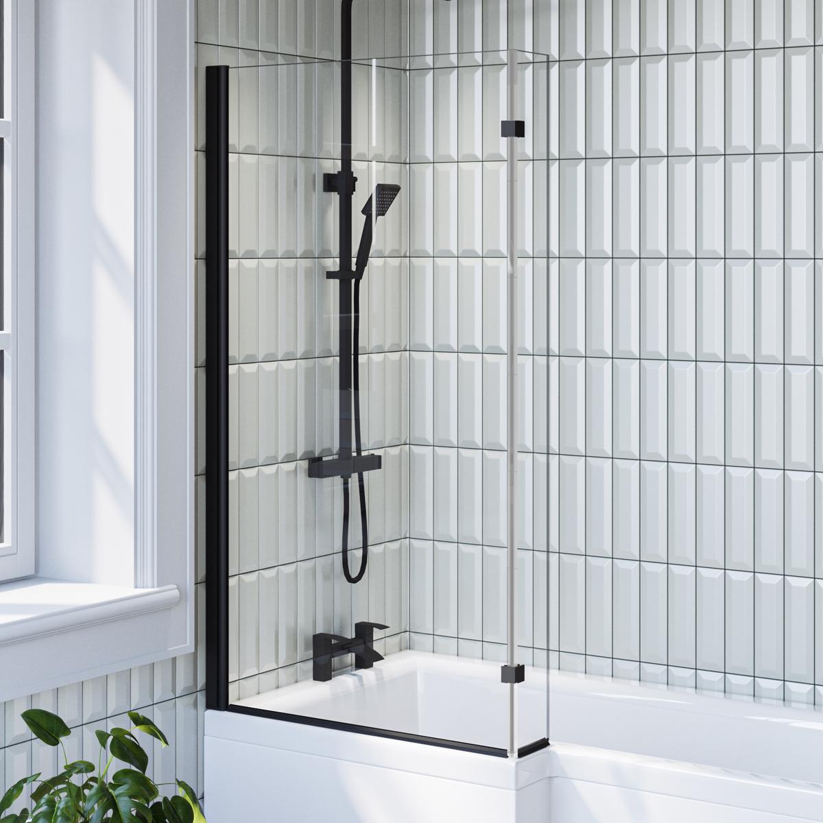  L Shaped Shower Bath with Front Panel & Black Bath Screen, Left Hand 1500 x 850mm - Lomax