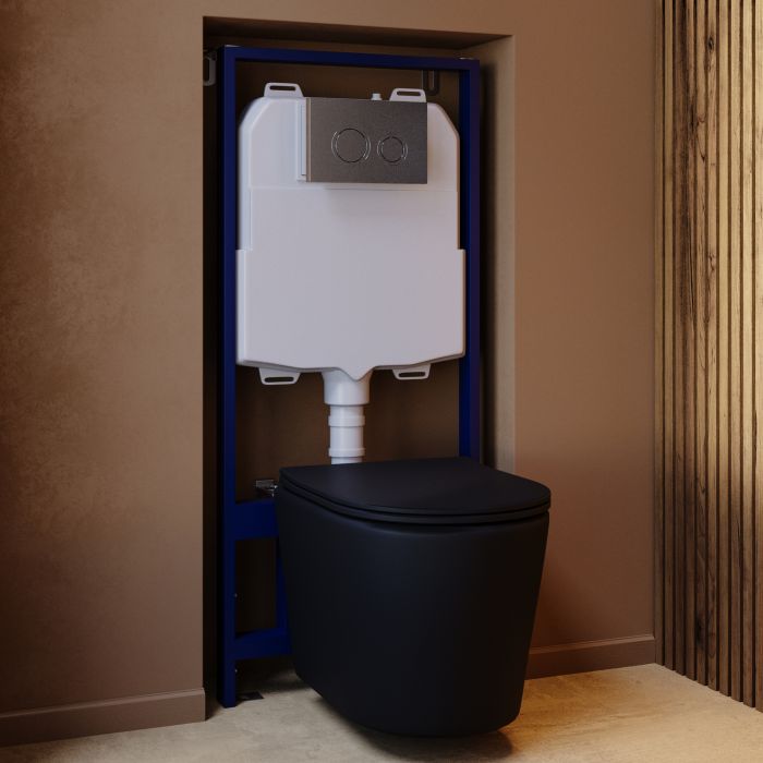 Matt Black Wall Hung Rimless Toilet with Soft Close Seat, Chrome Mechanical Flush Plate, 1168mm Frame & Cistern – Verona