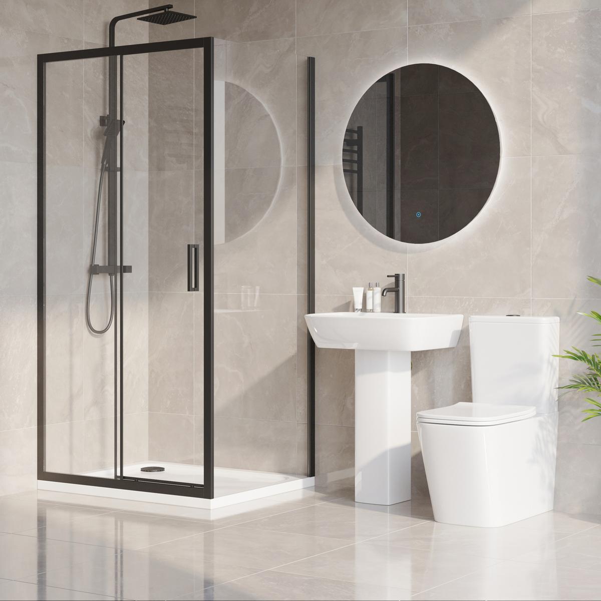 1000 x 800mm Black Rectangular Sliding Door Shower Enclosure with Side Panel Suite with Toilet and Basin - Pavo