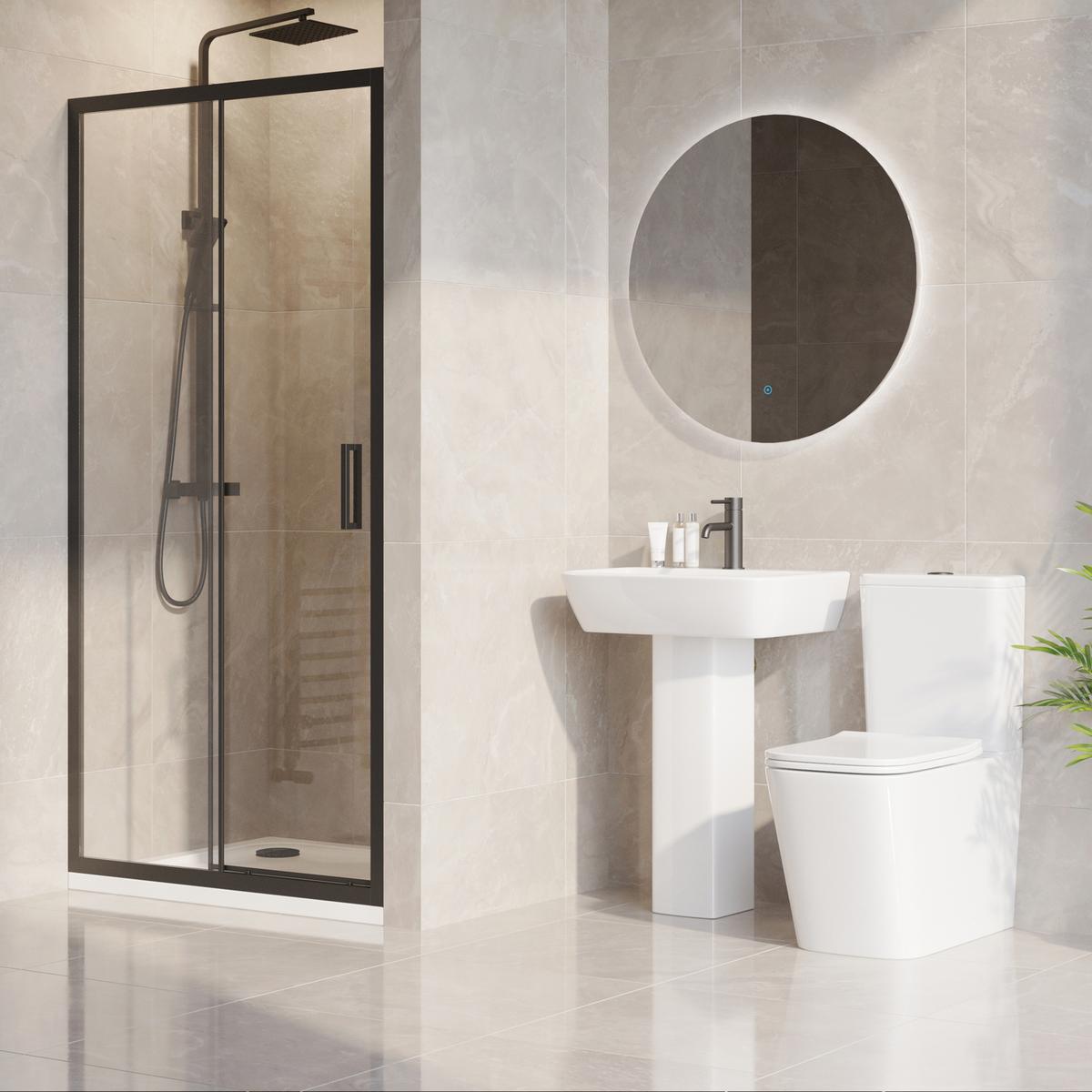 1000 x 800mm Black Rectangular Sliding Door Shower Enclosure Suite with Toilet and Basin - Pavo